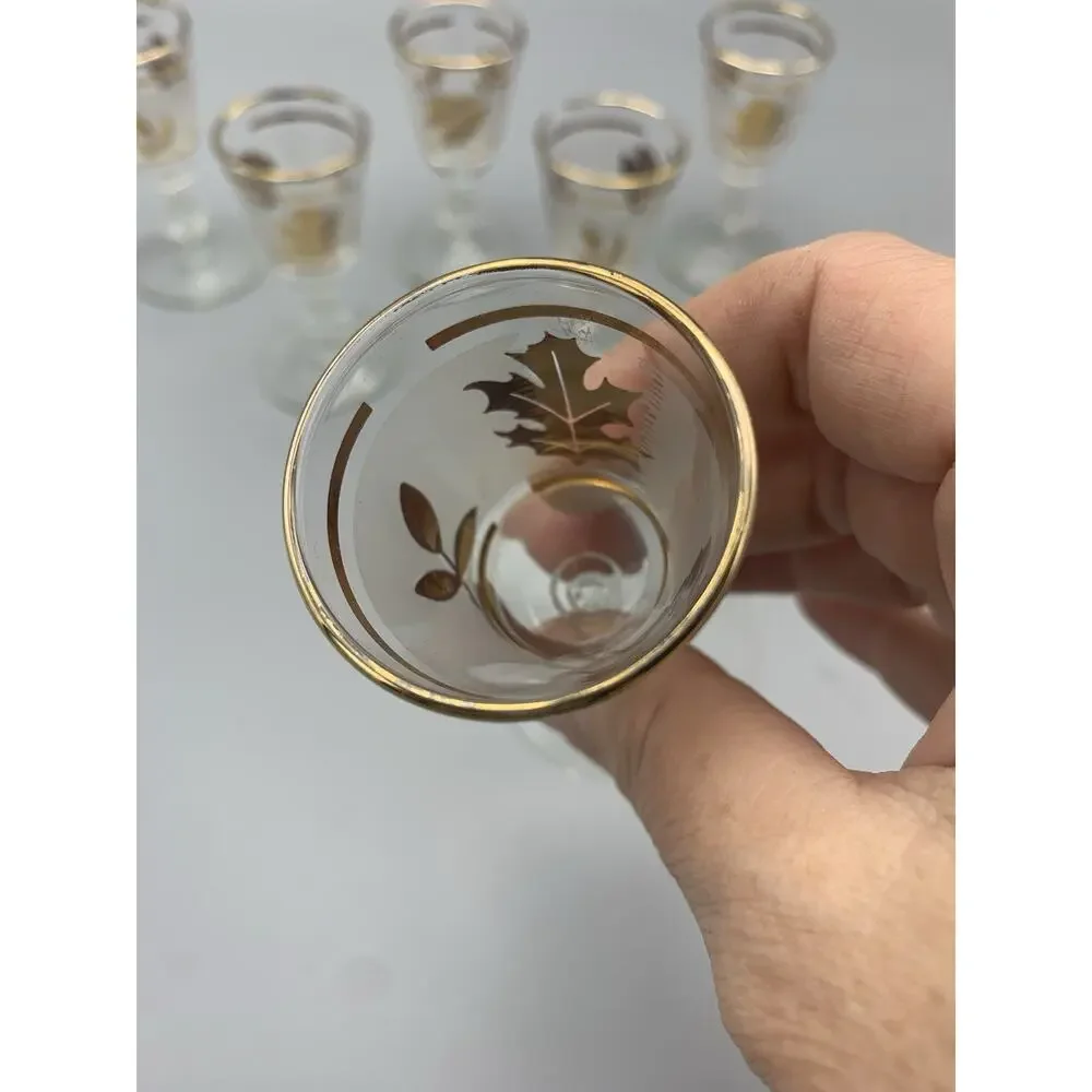 Vintage Mid Century Libbey Shot Glasses, Set Of Six, Frosted With Gold Leaf MCM